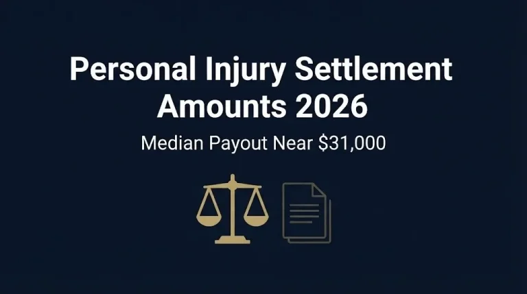 Banner showing 2026 personal injury settlement amounts with the national median payout figure.