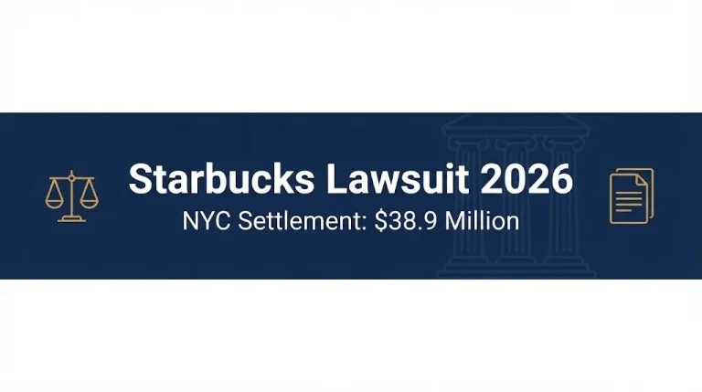 Banner showing Starbucks lawsuit 2026 headline with the confirmed $38.9 million NYC Fair Workweek settlement figure.