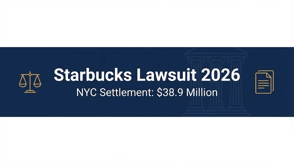 Banner showing Starbucks lawsuit 2026 headline with the confirmed $38.9 million NYC Fair Workweek settlement figure.