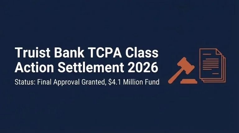 Banner showing Truist Bank TCPA class action settlement 2026 status and $4.1 million fund with gavel icon