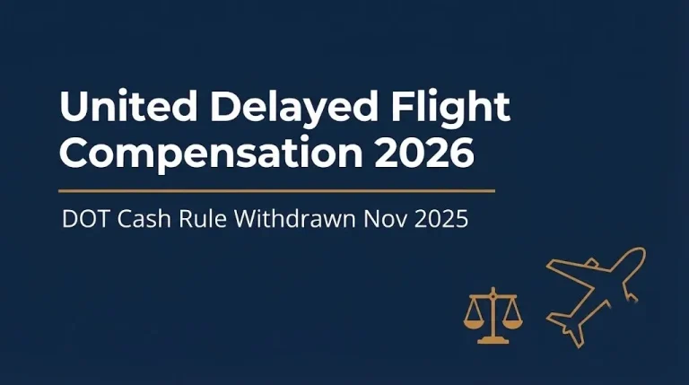 Banner showing United delayed flight compensation 2026 status after the DOT cash rule withdrawal.