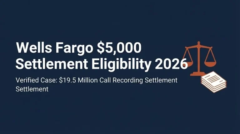 Banner showing Wells Fargo $5,000 settlement eligibility 2026 and the verified $19.5 million call recording case