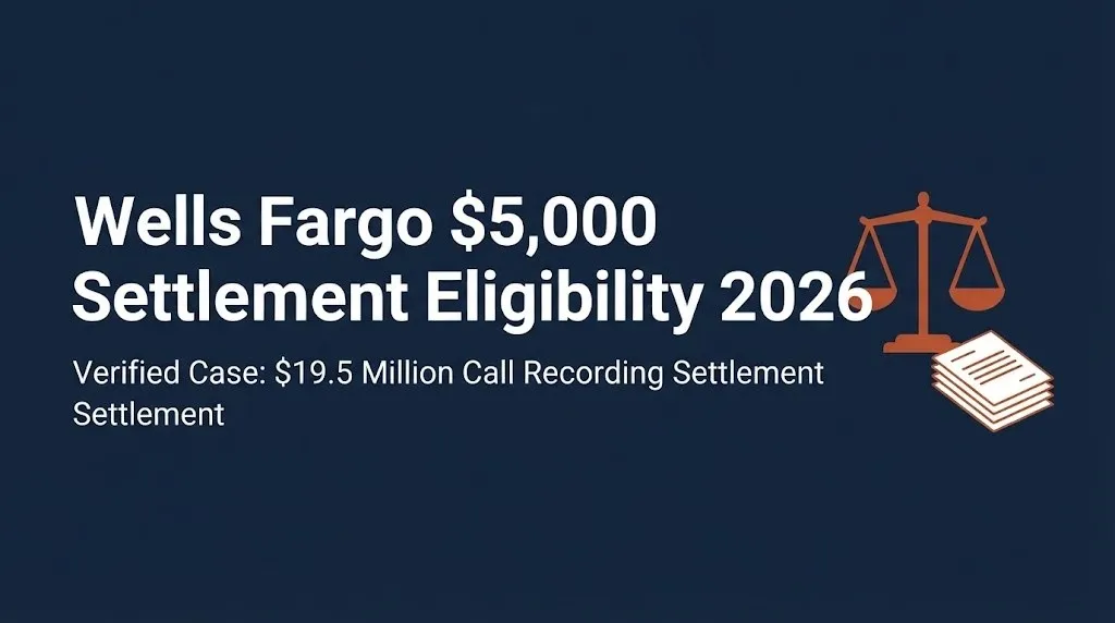 Banner showing Wells Fargo $5,000 settlement eligibility 2026 and the verified $19.5 million call recording case