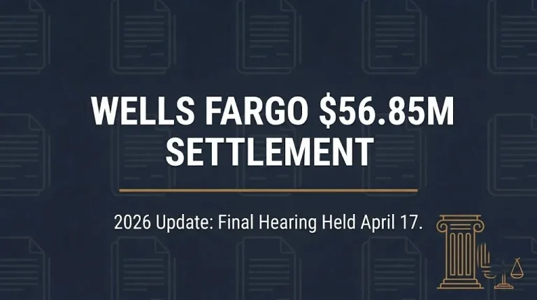 Banner showing Wells Fargo $56.85 million settlement 2026 update with courthouse icon and gavel line art.