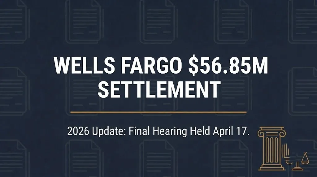 Banner showing Wells Fargo $56.85 million settlement 2026 update with courthouse icon and gavel line art.
