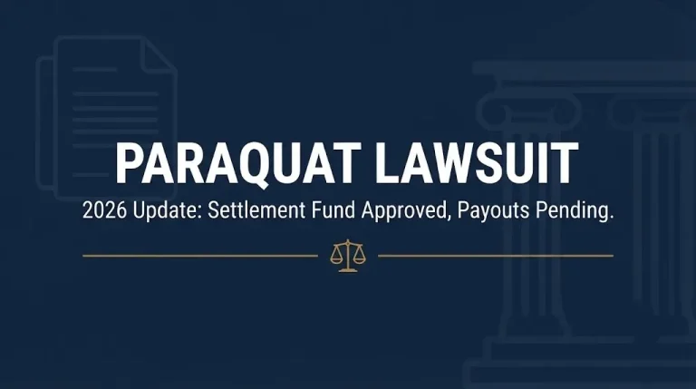 Banner showing the 2026 paraquat lawsuit status settlement fund approved, individual payouts still pending.