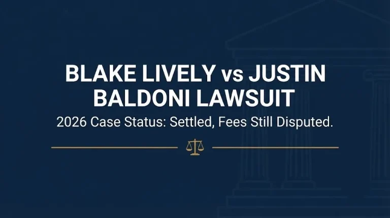 Banner showing the Blake Lively Justin Baldoni lawsuit 2026 status settled with fees still disputed.