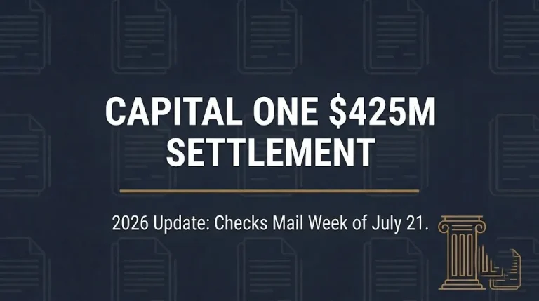 Banner showing the Capital One $425 million settlement 2026 update with courthouse and document icons.