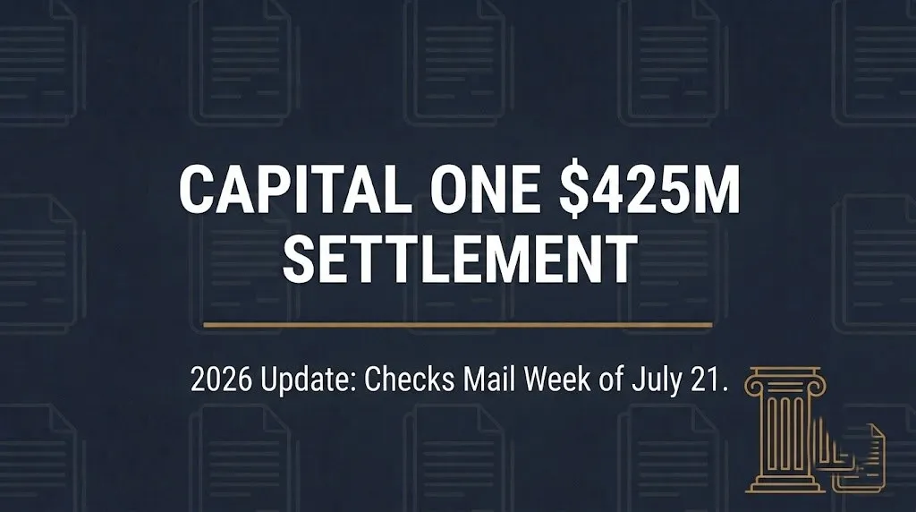 Banner showing the Capital One $425 million settlement 2026 update with courthouse and document icons.