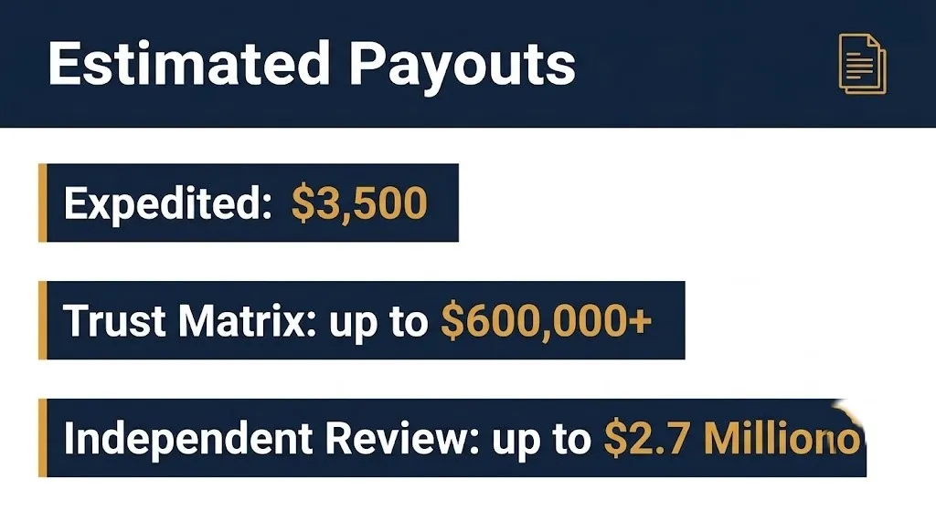 Boy Scout settlement payout per person tiers chart showing $3,500 to $2.7 million ranges.