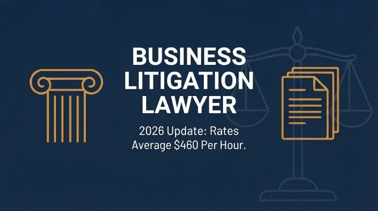 Business litigation lawyer 2026 hero banner showing headline and average hourly rate figure.