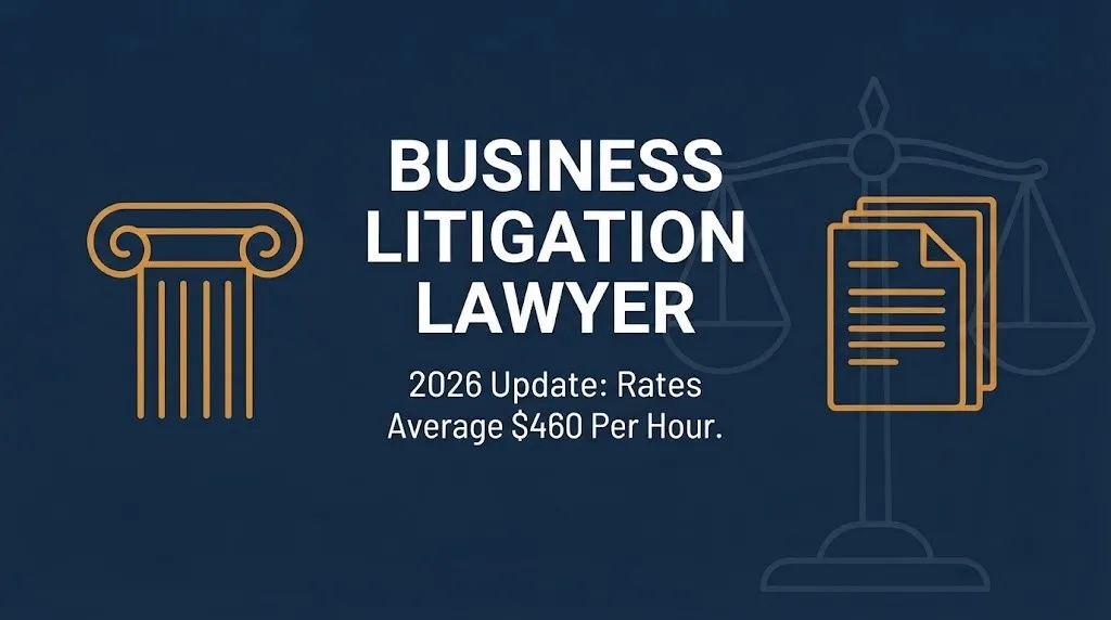 Business litigation lawyer 2026 hero banner showing headline and average hourly rate figure.