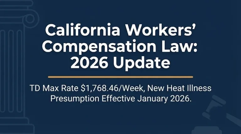 California Workers' Compensation Law 2026 hero banner showing maximum temporary disability rate and new heat illness.