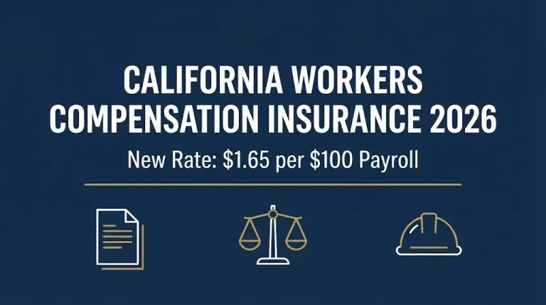 California workers compensation insurance 2026 banner showing the new $1.65 per $100 payroll rate.