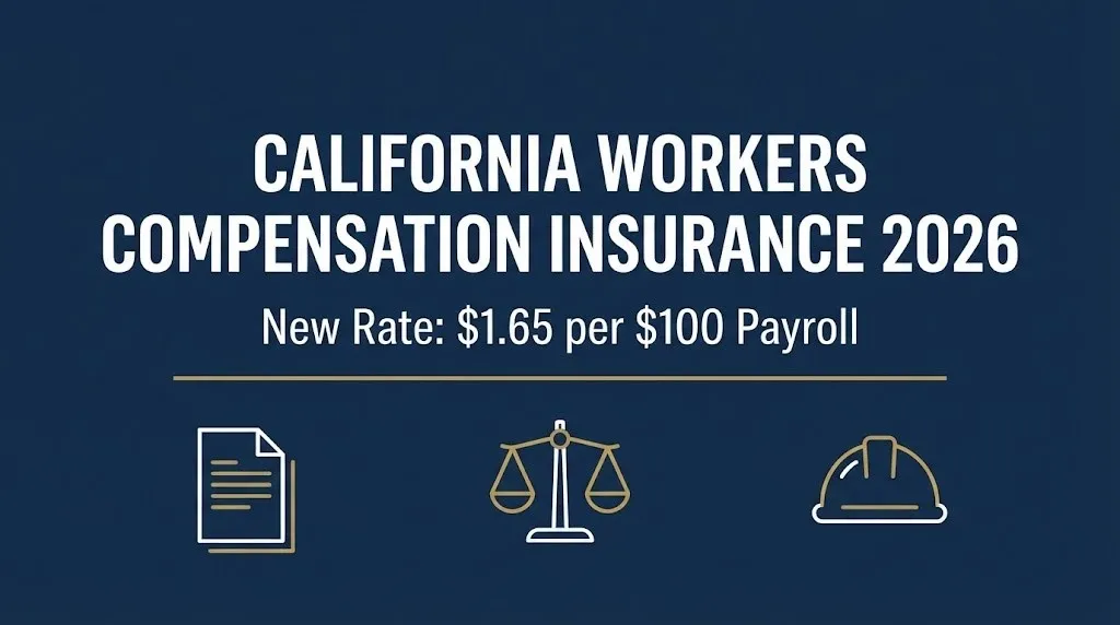 California workers compensation insurance 2026 banner showing the new $1.65 per $100 payroll rate.