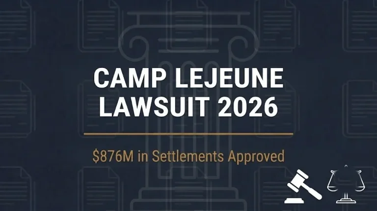 Camp Lejeune lawsuit 2026 banner showing $876 million in approved settlement offers.