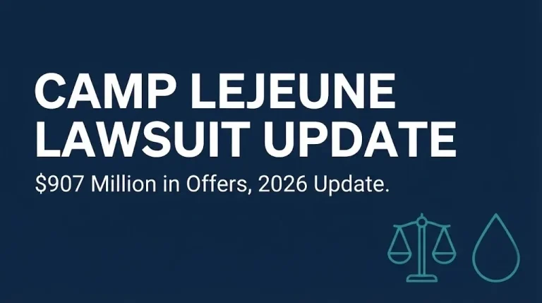 Camp Lejeune lawsuit update graphic showing $907 million in DOJ settlement offers as of 2026.
