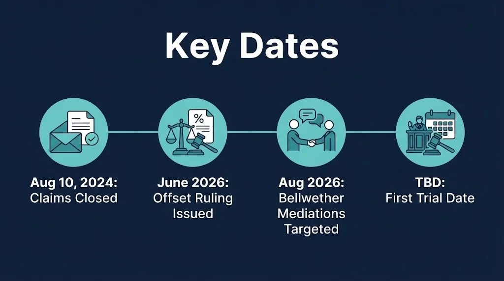Camp Lejeune lawsuit update timeline showing claim deadline, offset ruling, and pending bellwether trial date.