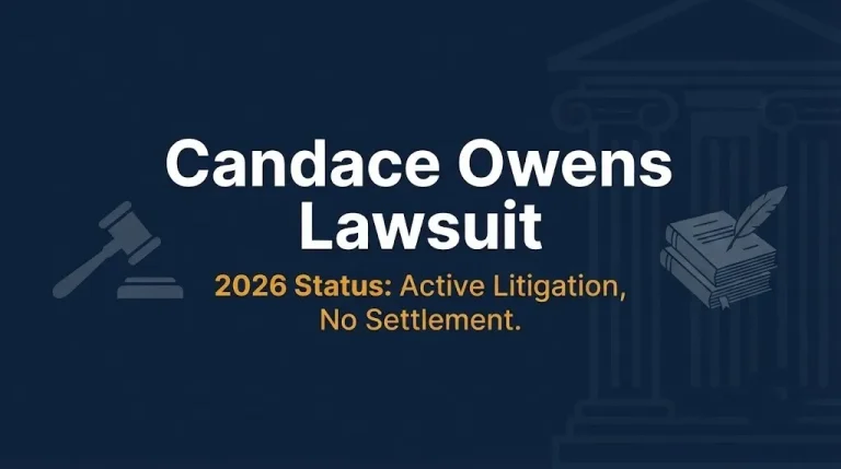 Candace Owens lawsuit 2026 banner with active litigation status and no settlement confirmed.