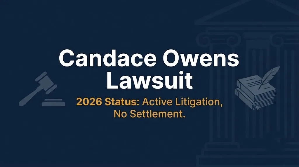 Candace Owens lawsuit 2026 banner with active litigation status and no settlement confirmed.