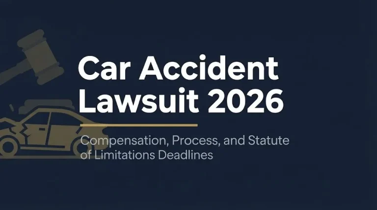 Car Accident Lawsuit 2026 banner with headline and subheading about compensation and statute of limitations deadlines.