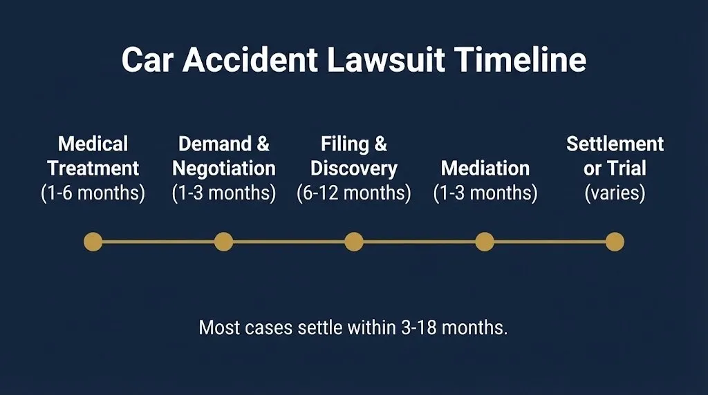 Car accident lawsuit timeline infographic showing five stages from medical treatment through settlement.