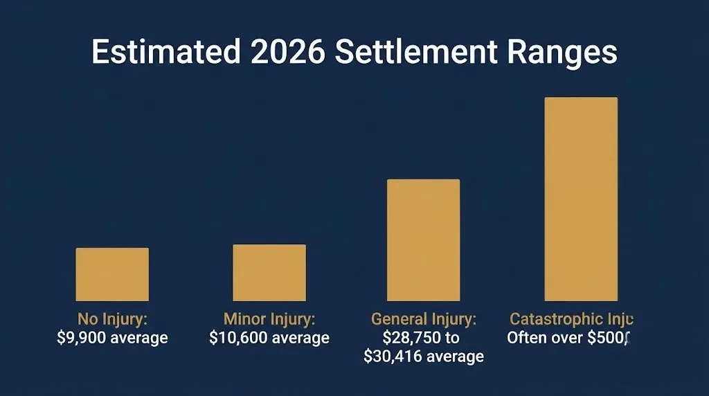Chart showing estimated 2026 auto accident lawsuit settlement ranges by injury severity category.
