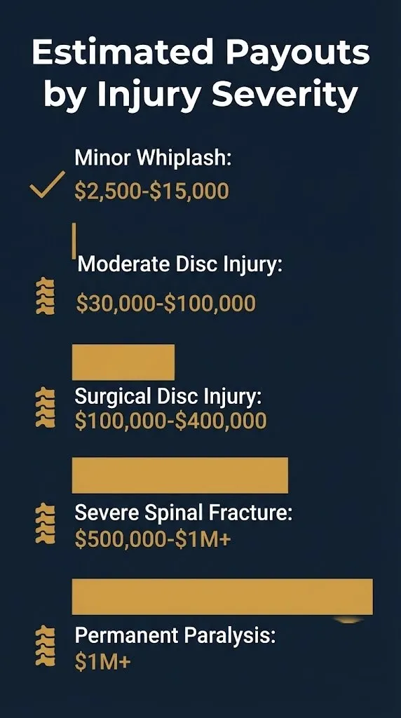 Chart showing estimated payout tiers for average settlement for car accident back and neck injury by severity level.