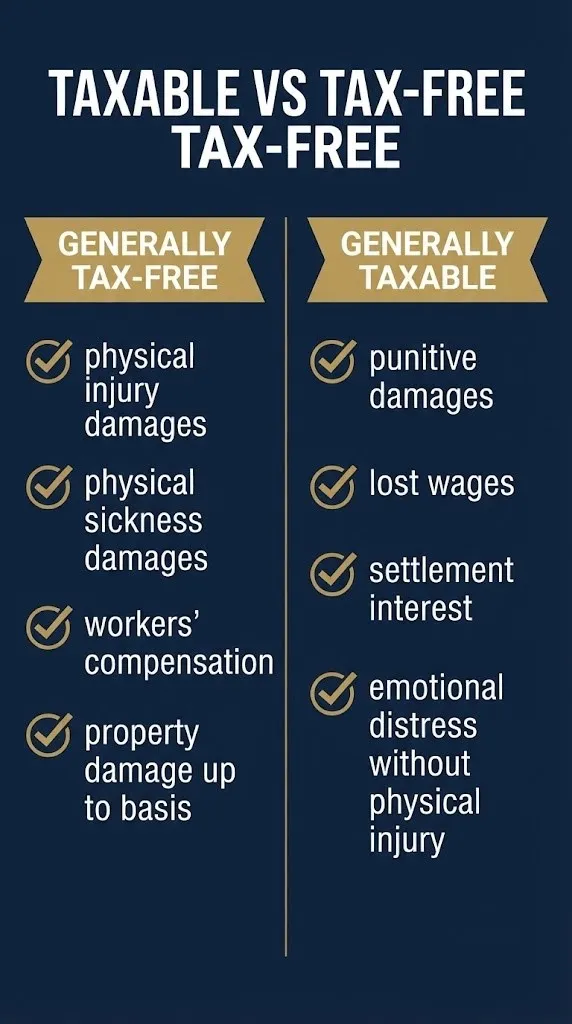 Checklist graphic comparing tax-free versus taxable lawsuit settlement components under IRS rules