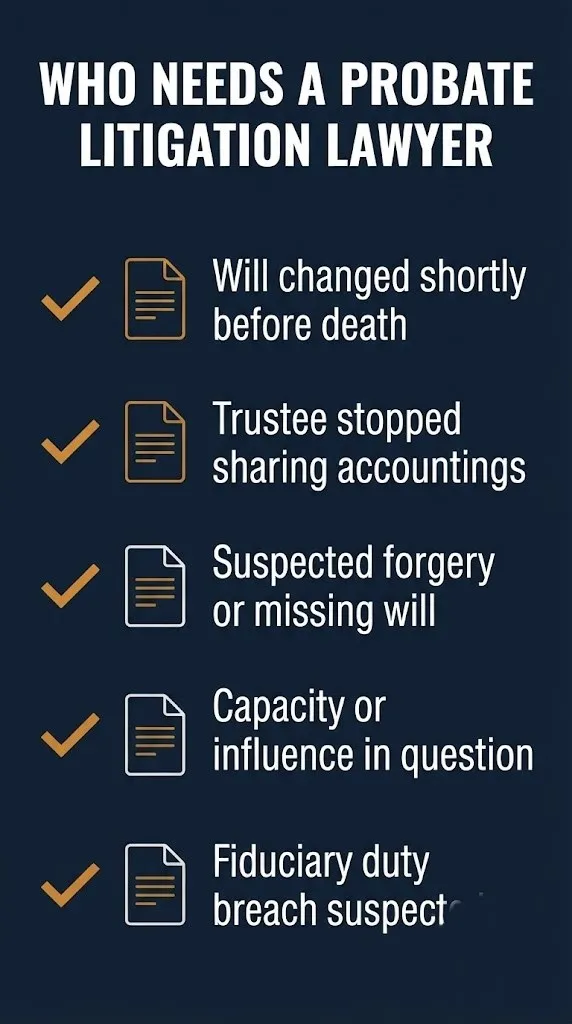 Checklist graphic listing signs you may need a probate litigation lawyer or trust litigation attorney.