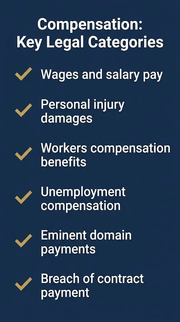 Checklist graphic listing six legal categories covered by the compensation definition, from wages to eminent domain.