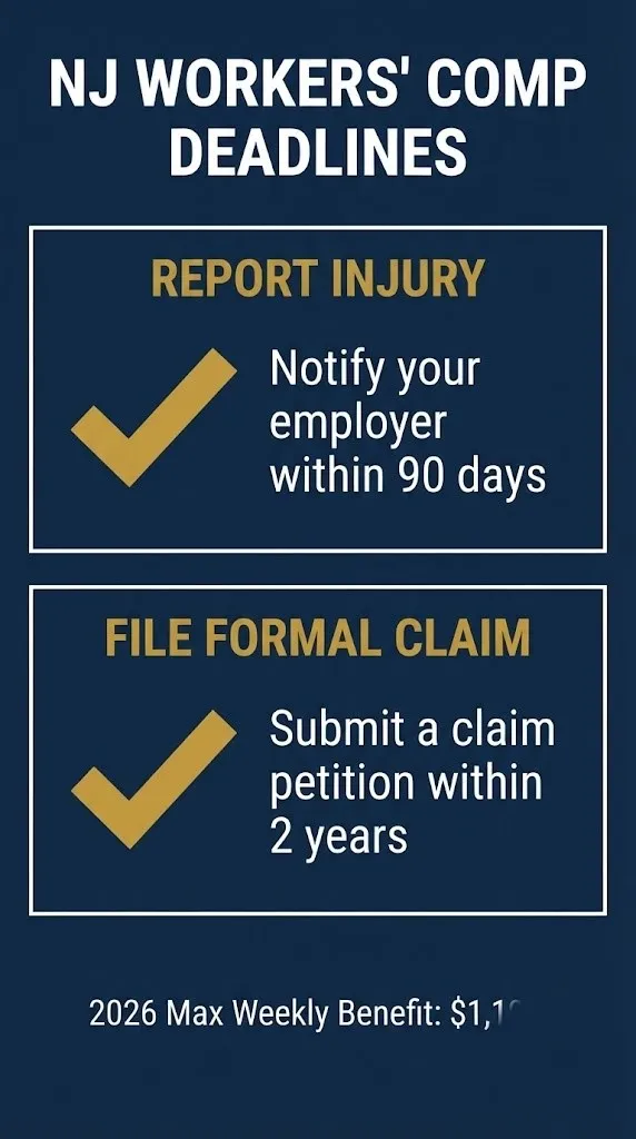 Checklist graphic showing NJ workers compensation claim deadlines and the 2026 maximum weekly benefit