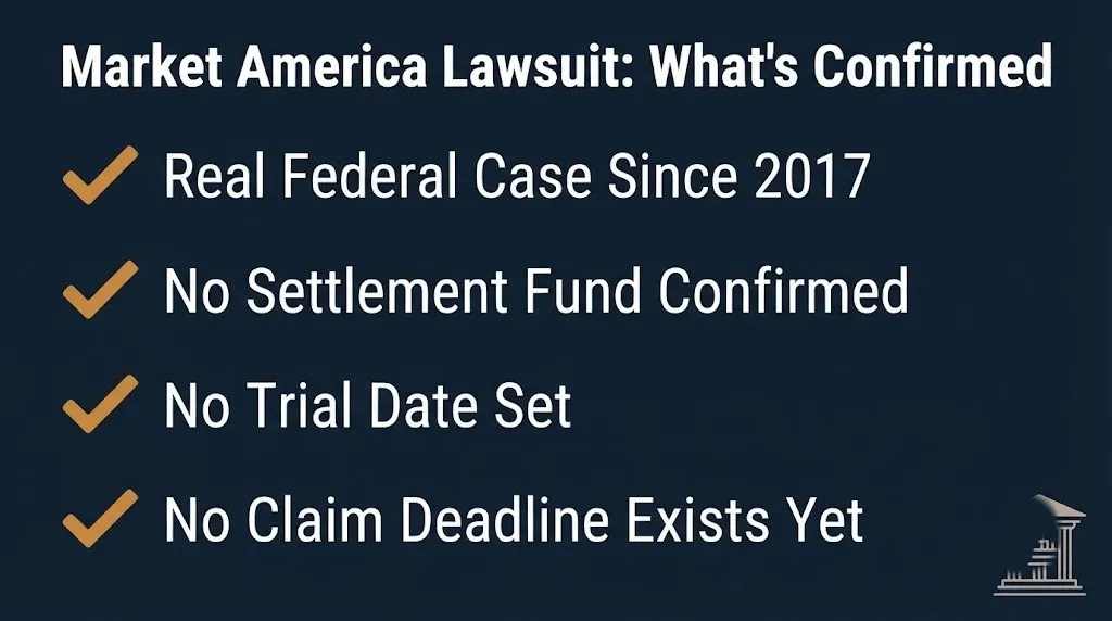 Checklist graphic showing confirmed facts about the Market America lawsuit update 2026 and its unresolved status.