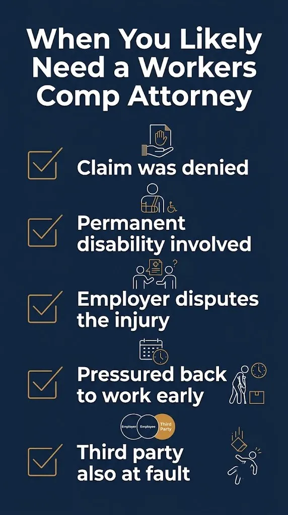 Checklist graphic showing five signs you likely need a workers compensation attorney, including denial and disability.