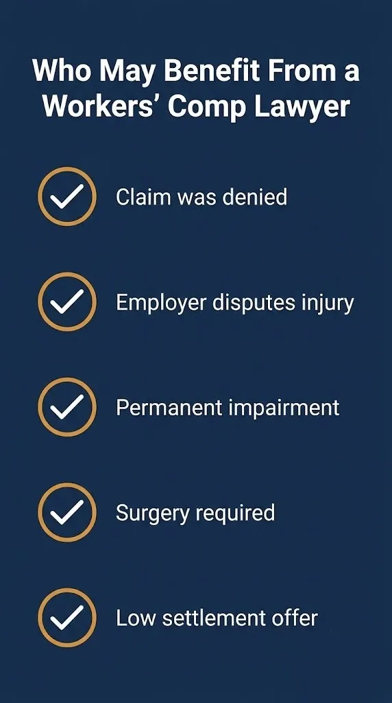 Checklist graphic showing five signs you may benefit from hiring workers compensation lawyers in 2026.