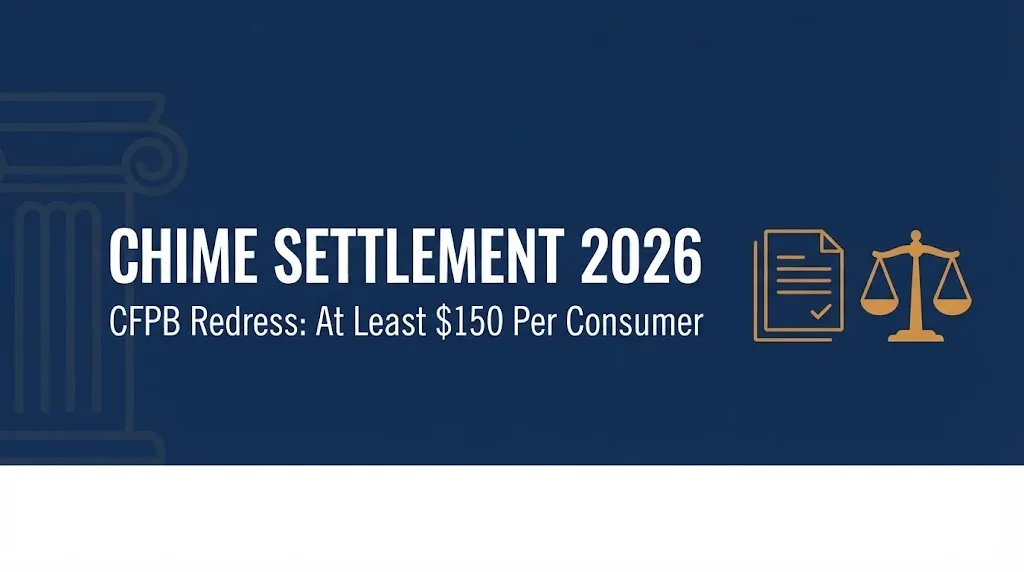 Chime settlement 2026 banner showing the CFPB order paying at least $150 per affected consumer