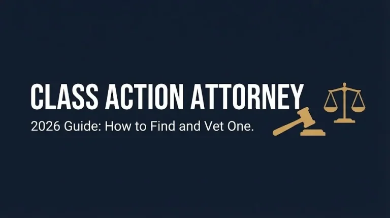 Class action attorney 2026 guide banner with gavel icon and navy background.