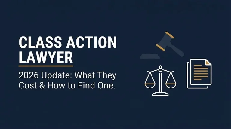 Class action lawyer 2026 guide hero banner with headline text and gavel and scales icons