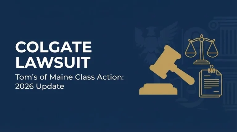 Colgate lawsuit 2026 hero banner showing gavel and scales icons with Tom's of Maine class action update text.