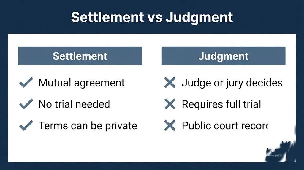 Comparison chart showing what is a settlement versus a judgment in a legal dispute.