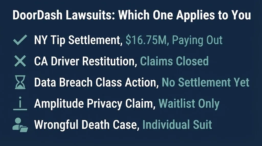 Comparison graphic of five separate DoorDash lawsuit and settlement cases active in 2026.