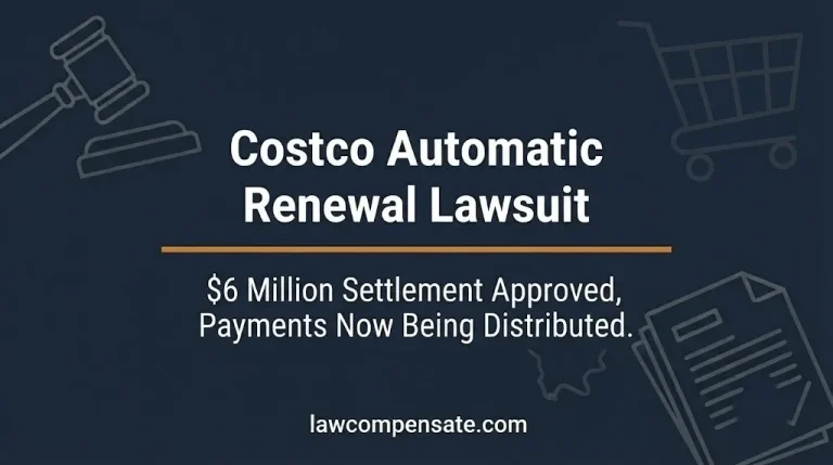 Costco automatic renewal lawsuit settlement banner showing 6 million dollar fund approved and payments being distributed as of July 2026.