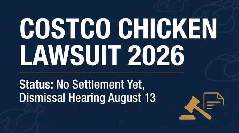 Costco chicken lawsuit 2026 banner showing case status with no settlement yet and an August dismissal hearing.