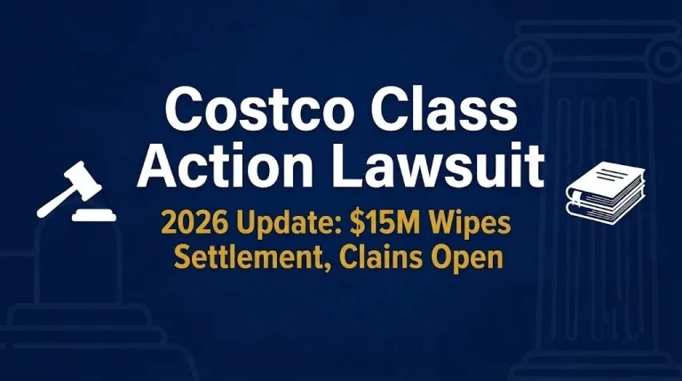 Costco class action lawsuit 2026 banner with 15 million dollar wipes settlement and open claims period.