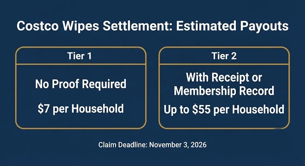 Costco flushable wipes settlement payout tiers showing 7 dollars without proof and up to 55 dollars with proof, deadline November 3 2026.
