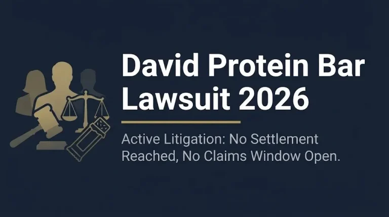 David Protein Bar Lawsuit 2026 banner with headline and subheading about active litigation with no settlement reached.