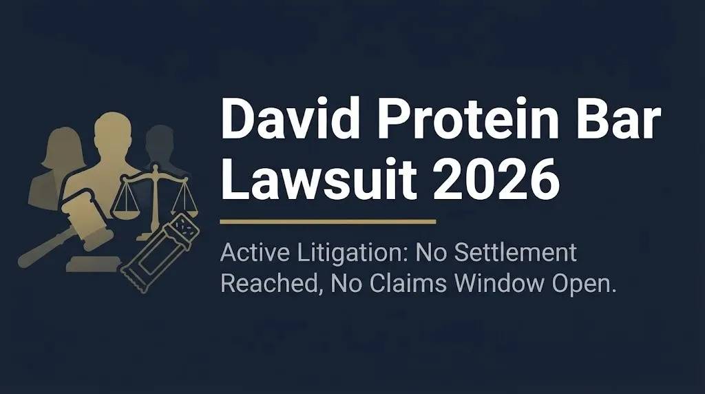 David Protein Bar Lawsuit 2026 banner with headline and subheading about active litigation with no settlement reached.