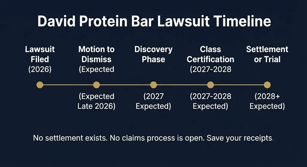 David Protein Bar lawsuit timeline showing five stages from filing through expected settlement.