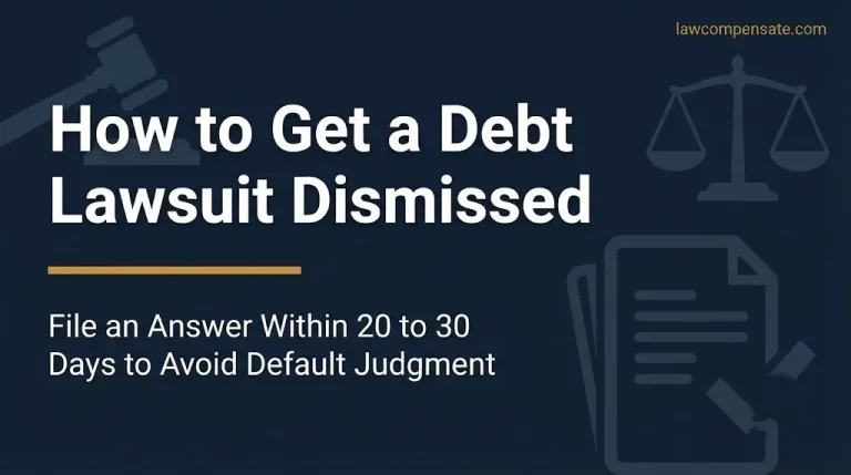 Debt lawsuit dismissal guide banner showing the 20 to 30 day answer deadline for responding to a collection lawsuit in 2026.
