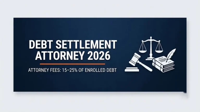 Debt settlement attorney 2026 hero banner showing typical fee range of 15 to 25 percent on a navy background with legal icons.